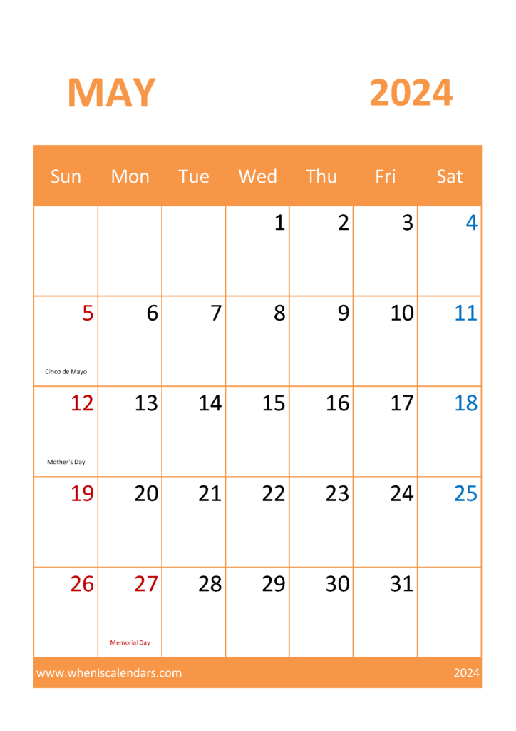 Download Blank May 2024 Calendar Printable A4 Vertical 54056