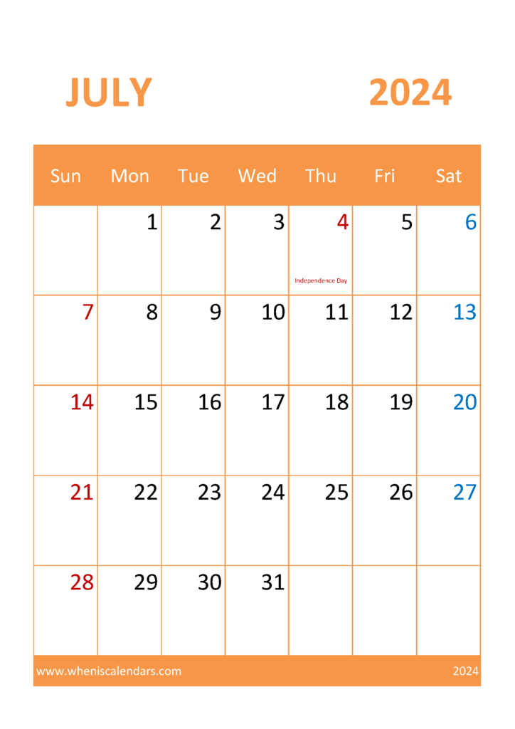 Download Blank July 2024 Calendar Printable A4 Vertical 74056