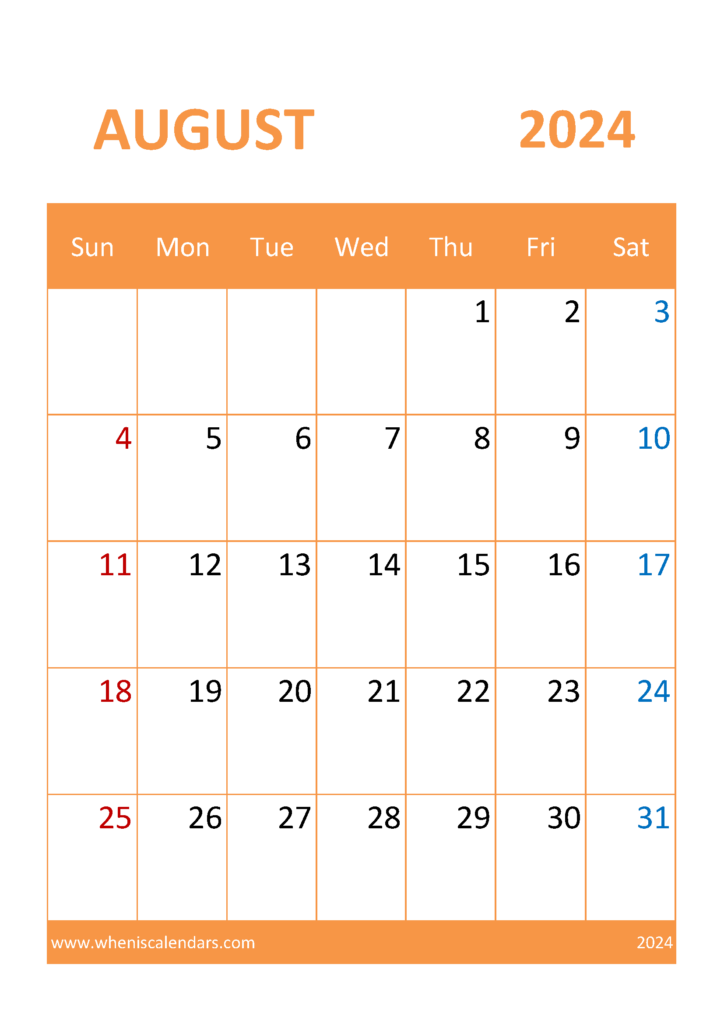 Download Blank August 2024 Calendar Printable A4 Vertical 84056