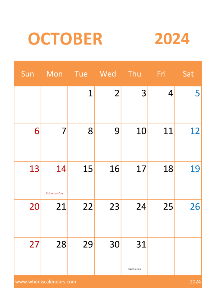 Download Blank October 2024 Calendar Printable A4 Vertical 104056