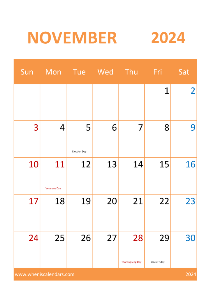 Download Blank November 2024 Calendar Printable A4 Vertical 114056
