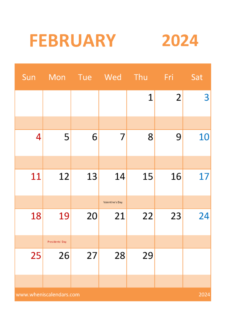 Download Free February 2024 Printable Calendar A4 Vertical 24057