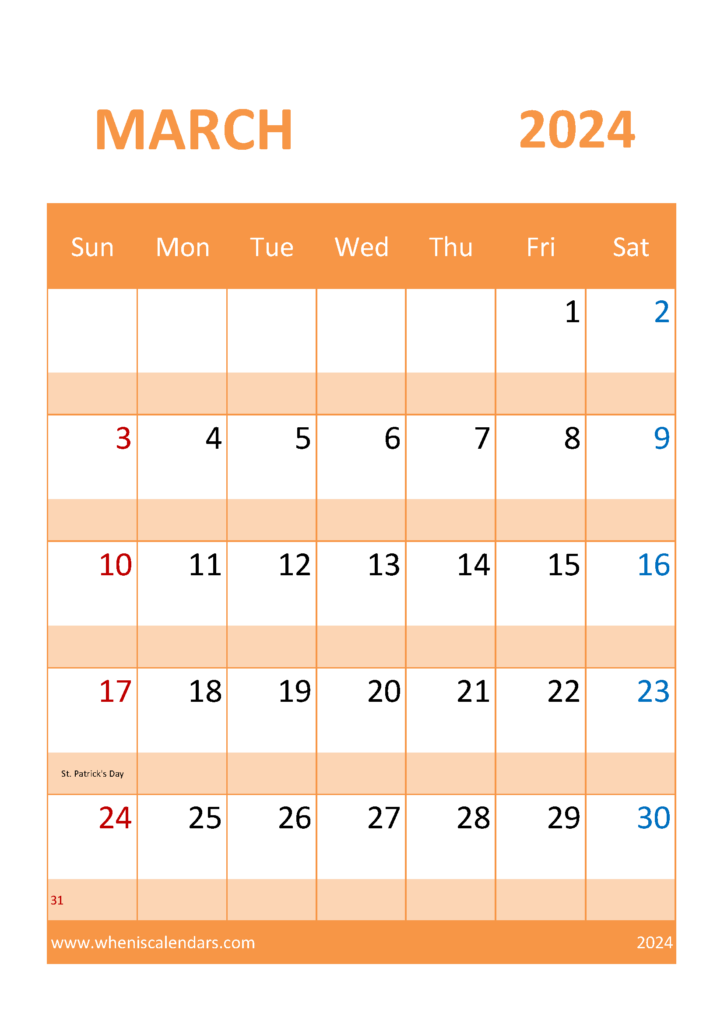 Download Free March 2024 Printable Calendar A4 Vertical 34057