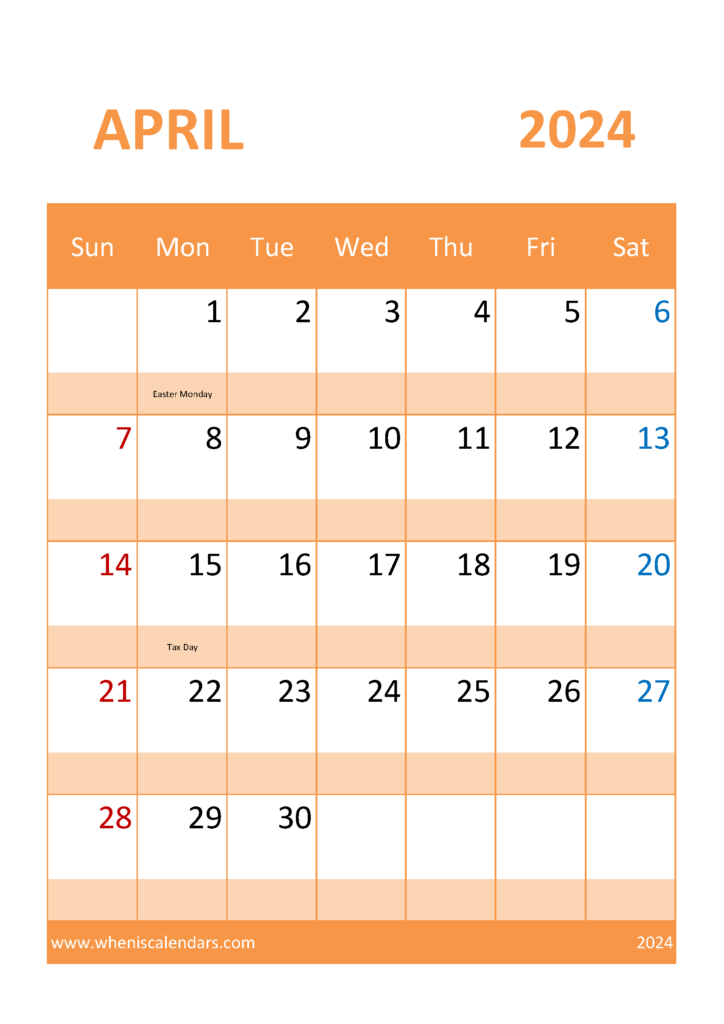 Download Free April 2024 Printable Calendar A4 Vertical 44057