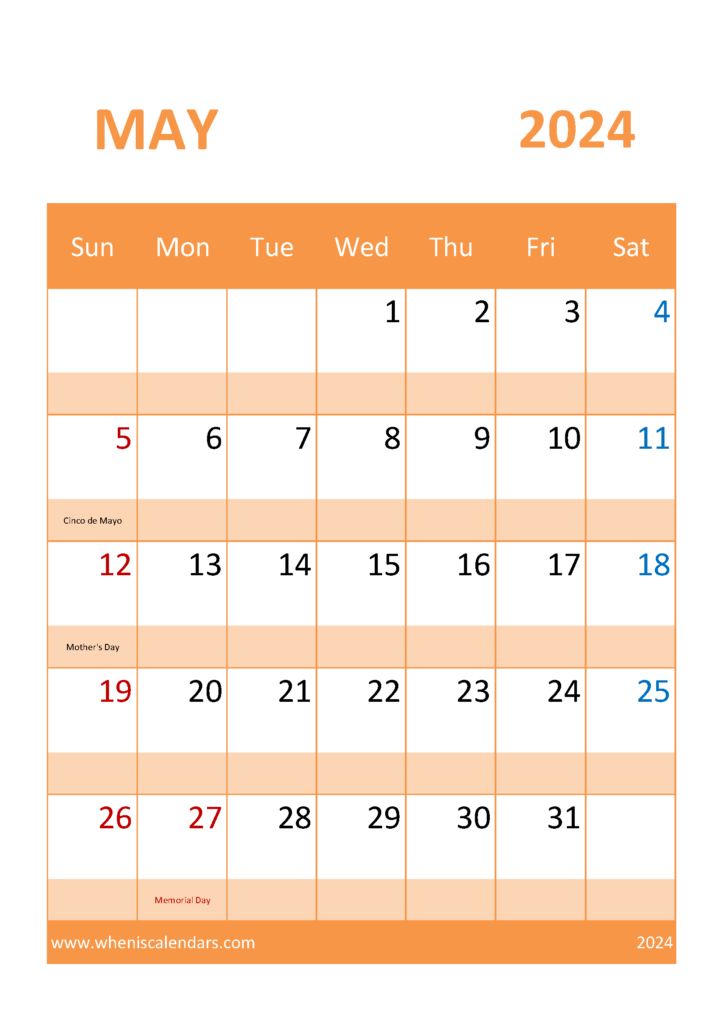 Download Free May 2024 Printable Calendar A4 Vertical 54057