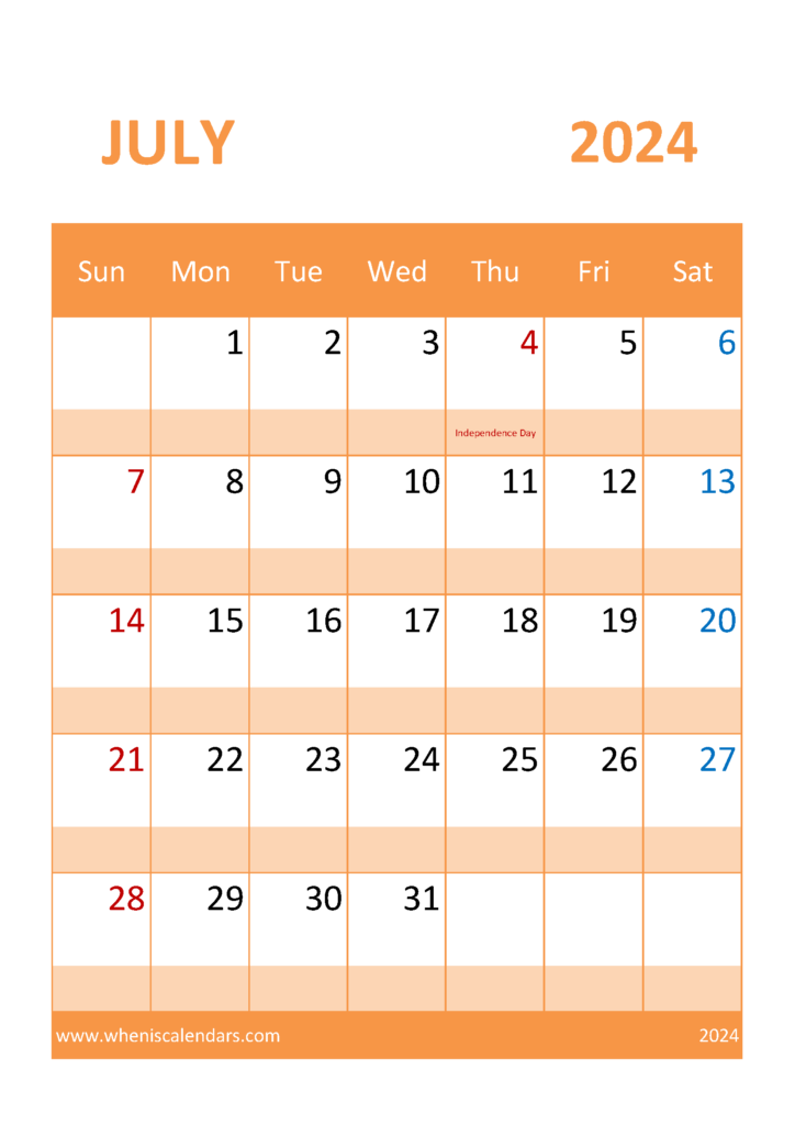 Download Free July 2024 Printable Calendar A4 Vertical 74057