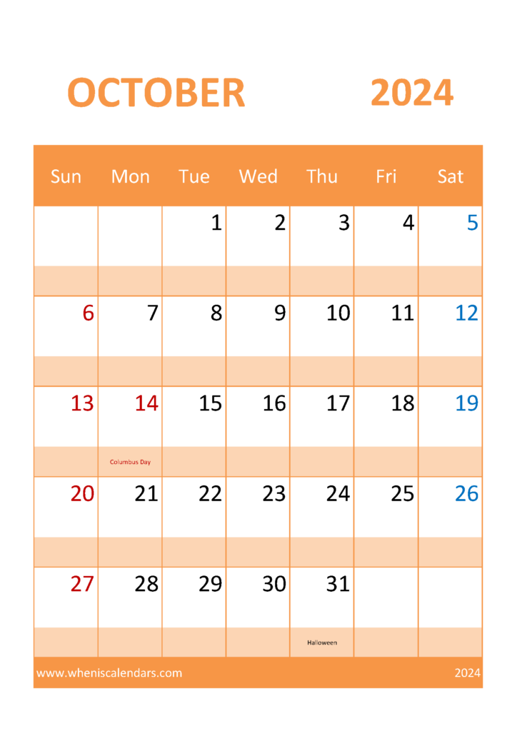 Download Free October 2024 Printable Calendar A4 Vertical 104057
