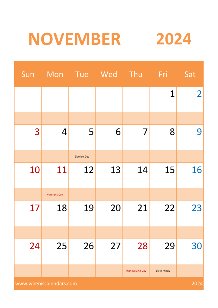 Download Free November 2024 Printable Calendar A4 Vertical 114057