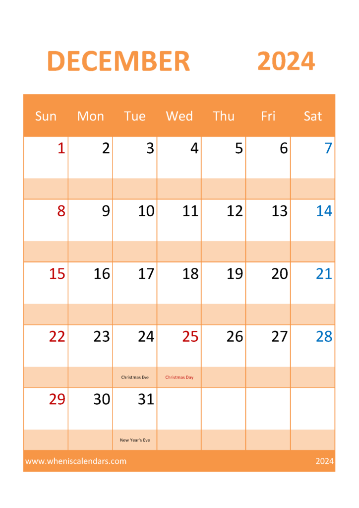 Download Free December 2024 Printable Calendar A4 Vertical 124057