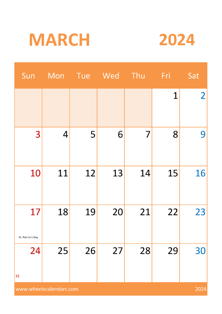 Download Free Printable Calendar Mar 2024 A4 Vertical 34058
