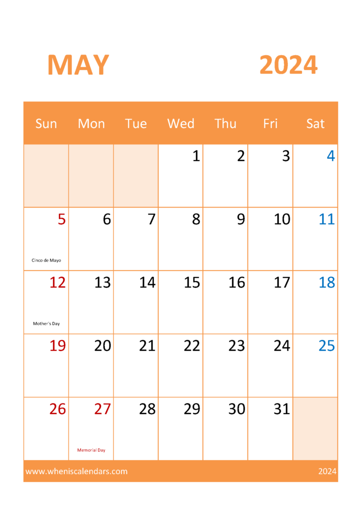 Download Free Printable Calendar May 2024 A4 Vertical 54058