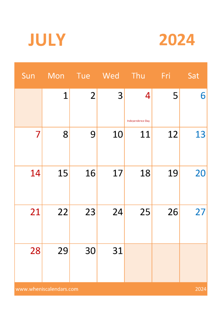 Download Free Printable Calendar Jul 2024 A4 Vertical 74058