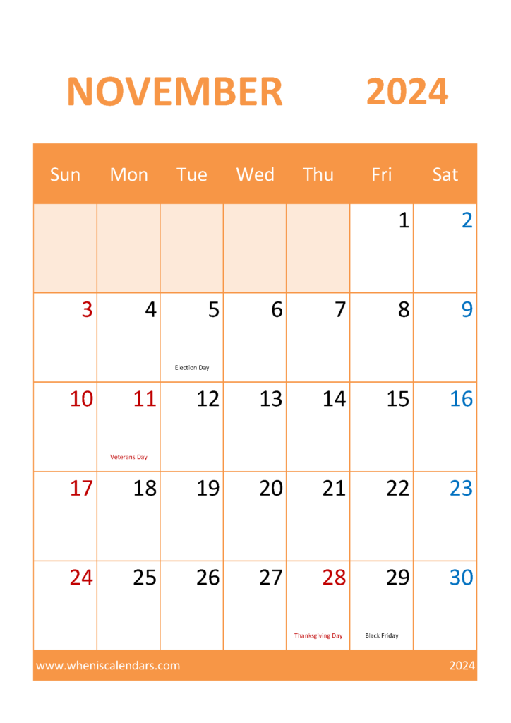 Download Free Printable Calendar Nov 2024 A4 Vertical 114058