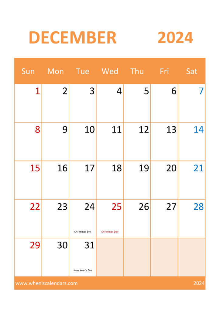 Download Free Printable Calendar Dec 2024 A4 Vertical 124058