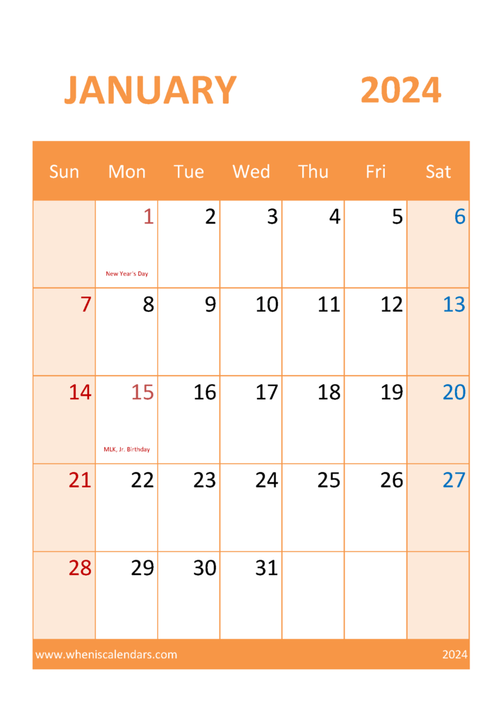 Download January 2024 Calendar bank Holidays A4 Vertical J4059