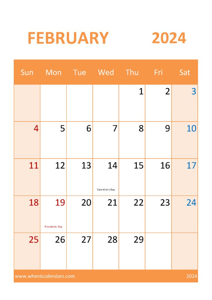 Download February 2024 Calendar bank Holidays A4 Vertical 24059