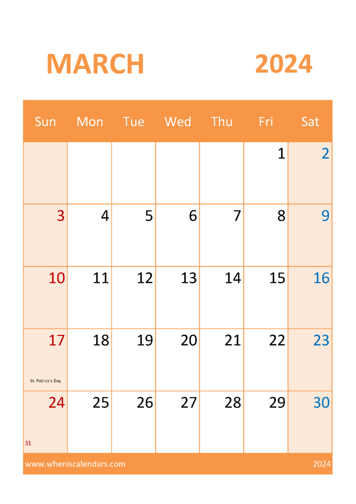 Download March 2024 Calendar bank Holidays A4 Vertical 34059