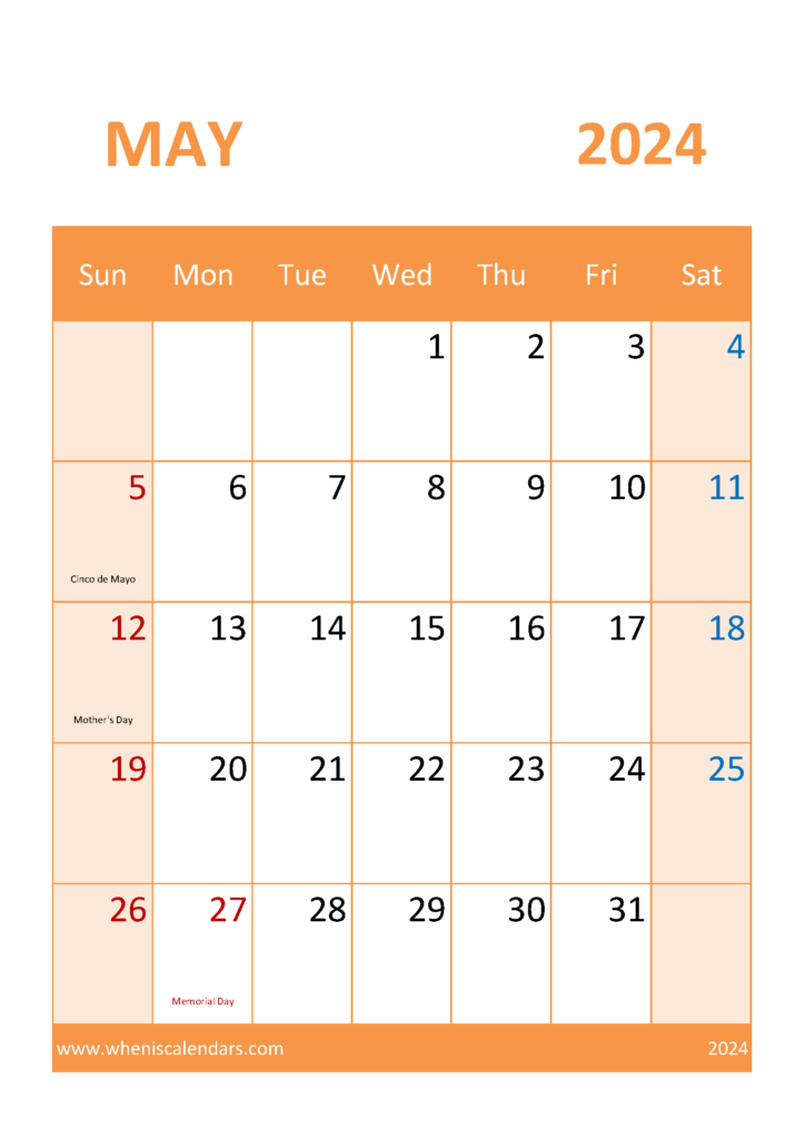 Download May 2024 Calendar bank Holidays A4 Vertical 54059