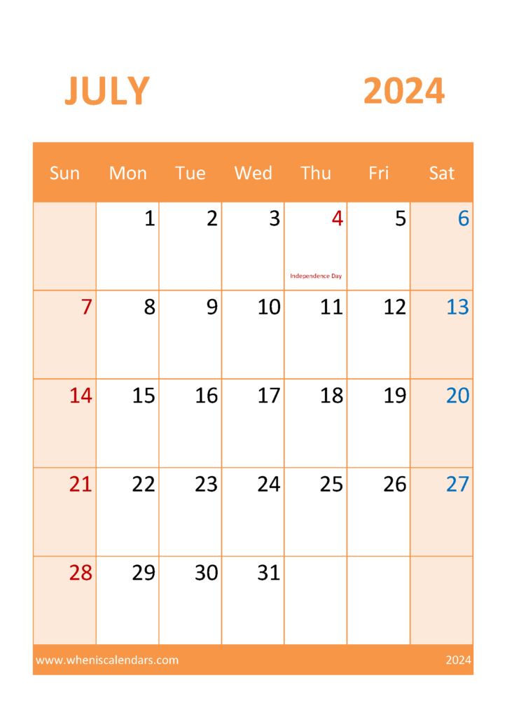 Download July 2024 Calendar bank Holidays A4 Vertical 74059