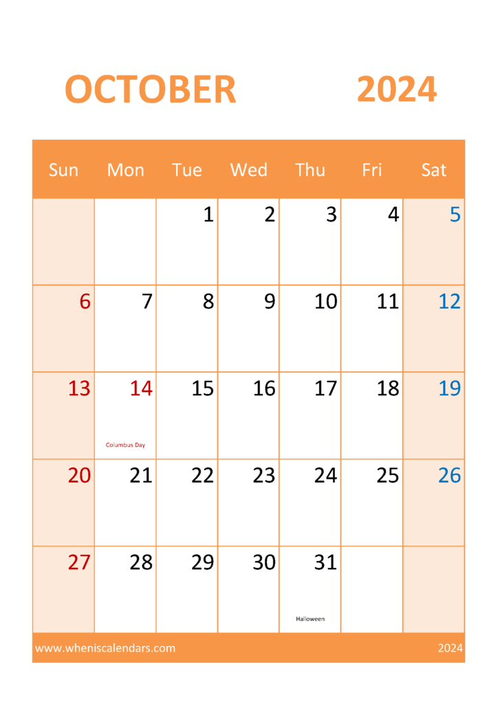 Download October 2024 Calendar bank Holidays A4 Vertical 104059