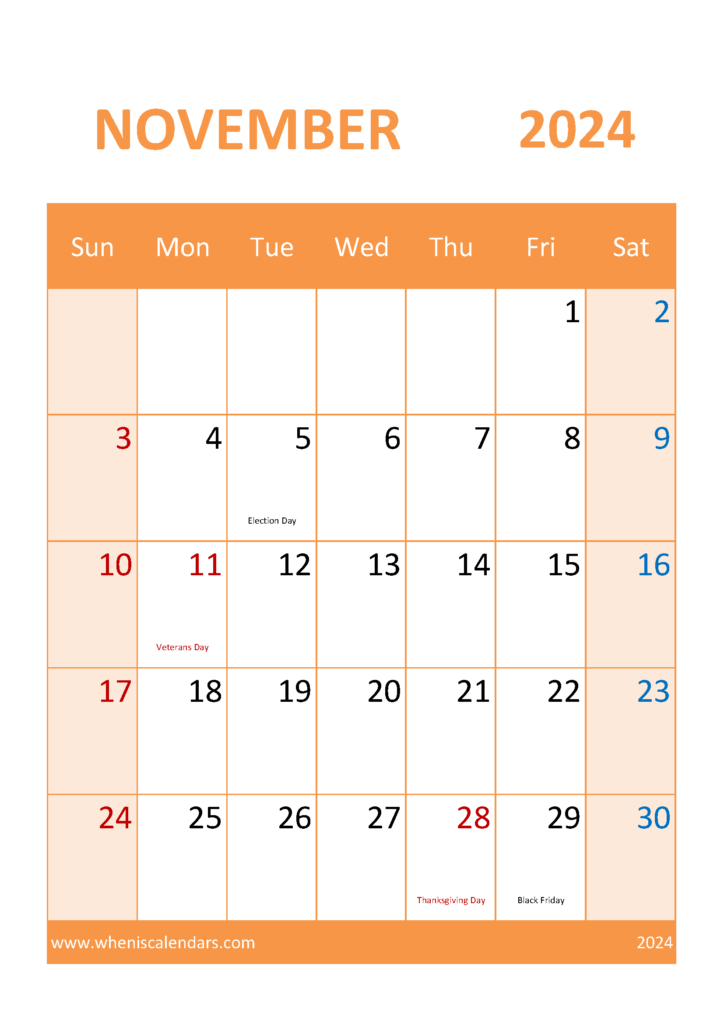 Download November 2024 Calendar bank Holidays A4 Vertical 114059