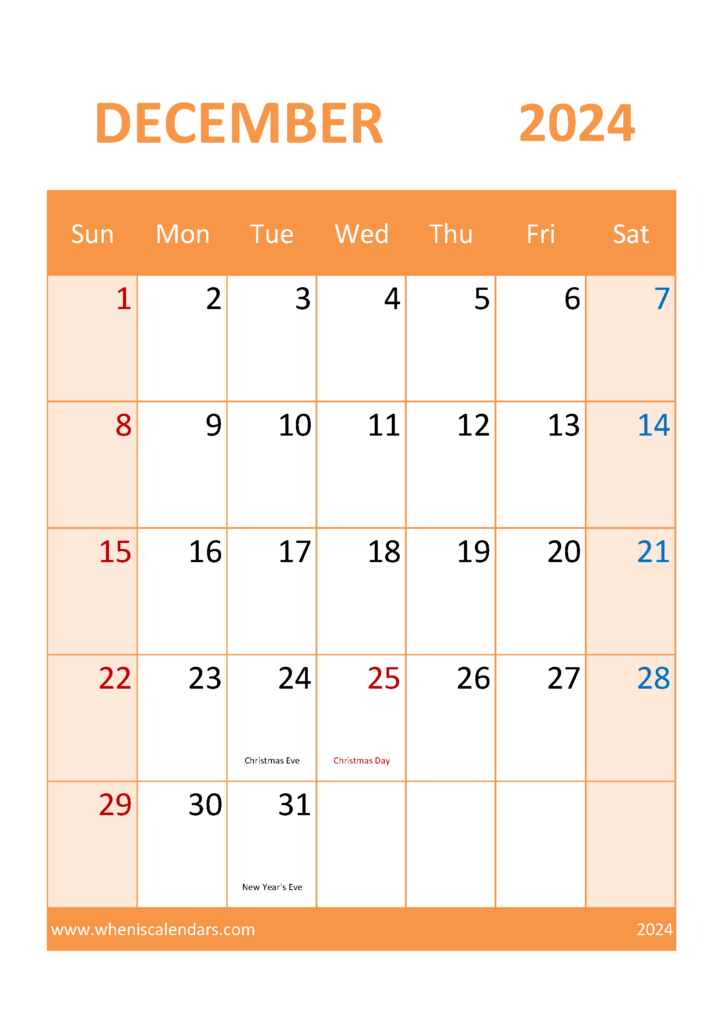 Download December 2024 Calendar bank Holidays A4 Vertical 124059