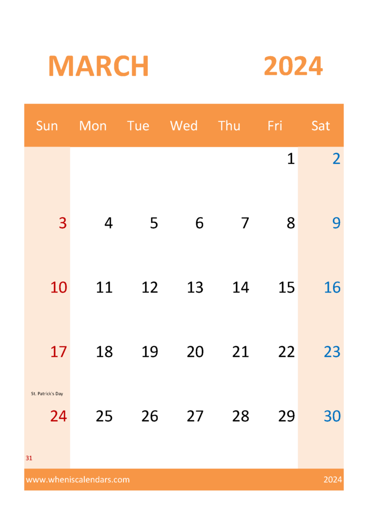 Download Blank March Calendar 2024 A4 Vertical 34060
