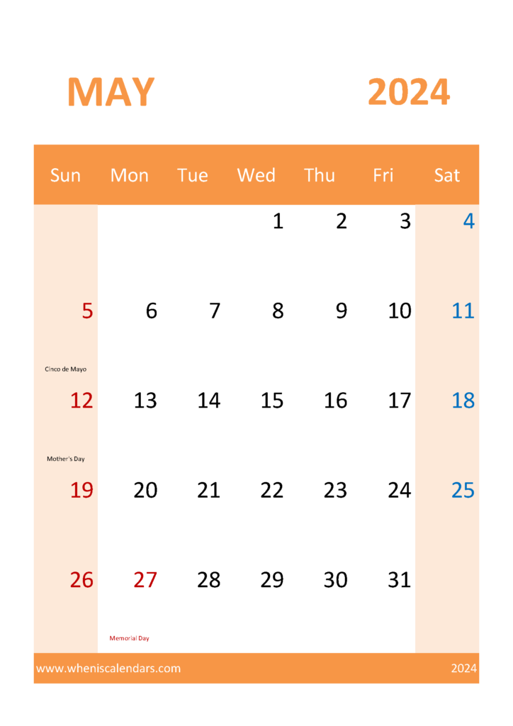 Download Blank May Calendar 2024 A4 Vertical 54060