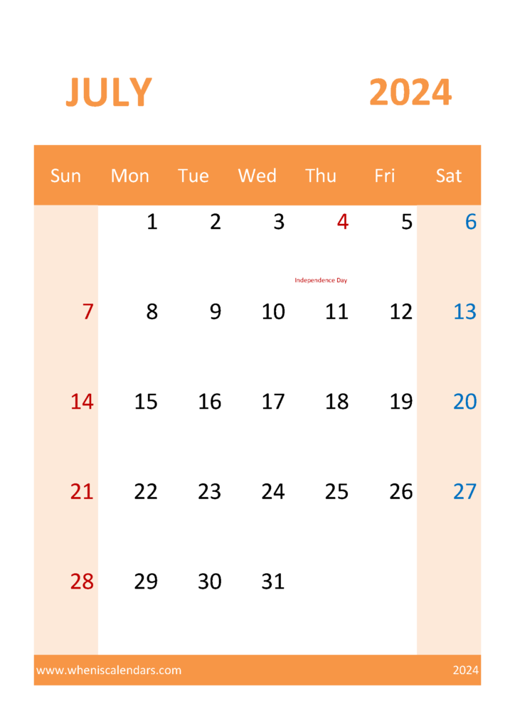 Download Blank July Calendar 2024 A4 Vertical 74060