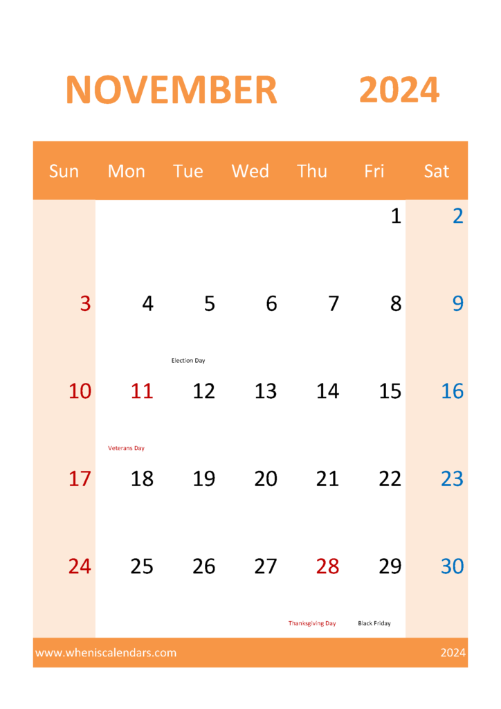 Download Blank November Calendar 2024 A4 Vertical 114060
