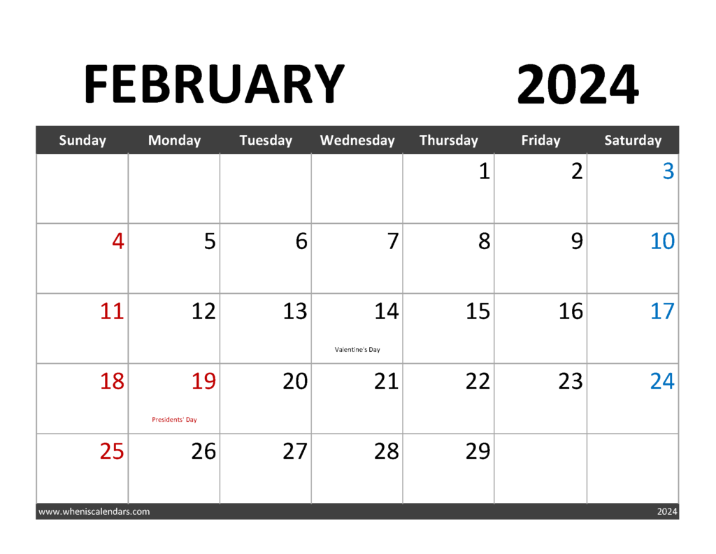 Download Free February Calendar 2024 Letter Horizontal 24061