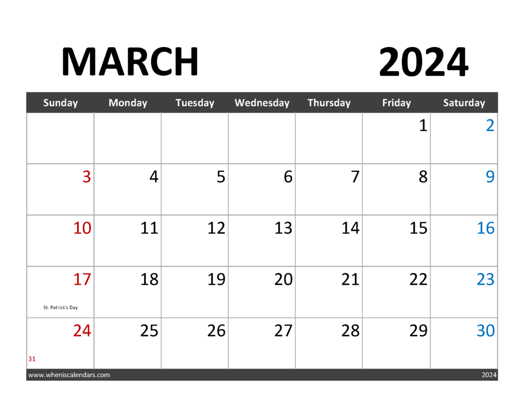 Download Free March Calendar 2024 Letter Horizontal 34061