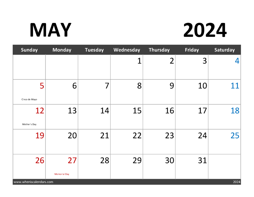 Download Free May Calendar 2024 Letter Horizontal 54061