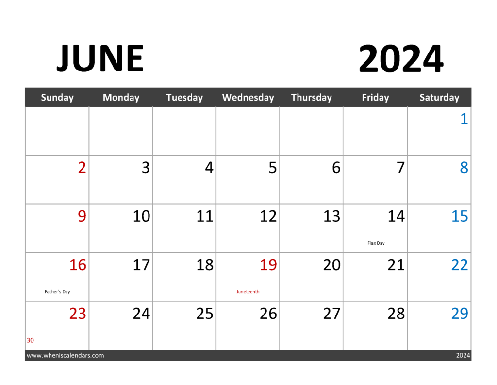 Download Free June Calendar 2024 Letter Horizontal 64061