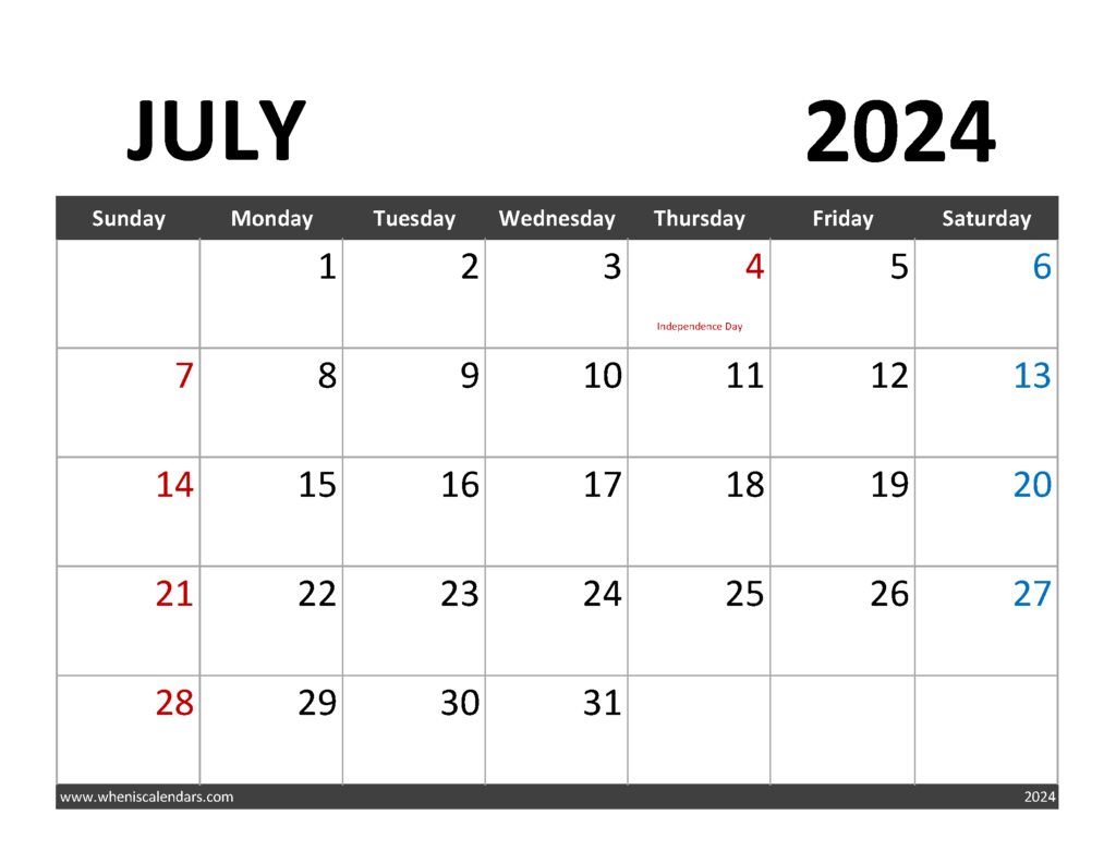 Download Free July Calendar 2024 Letter Horizontal 74061
