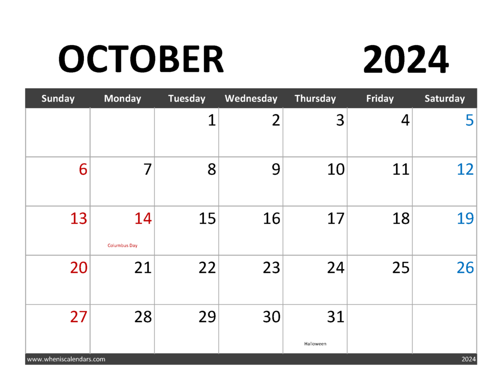 Download Free October Calendar 2024 Letter Horizontal 104061