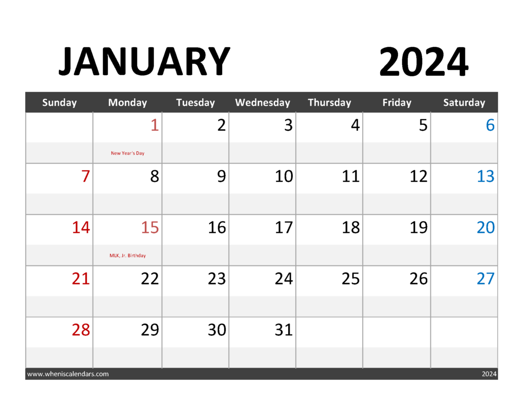 Download Blank Calendar for January 2024 Letter Horizontal J4062