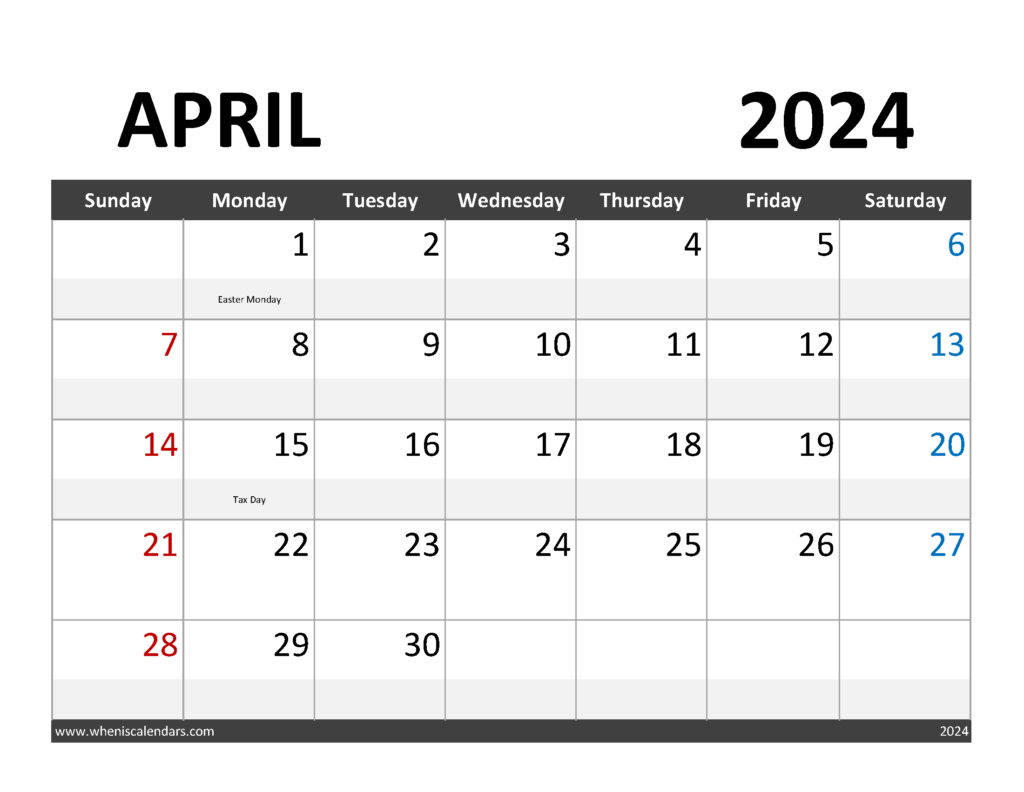 Download Blank Calendar for April 2024 Letter Horizontal 44062
