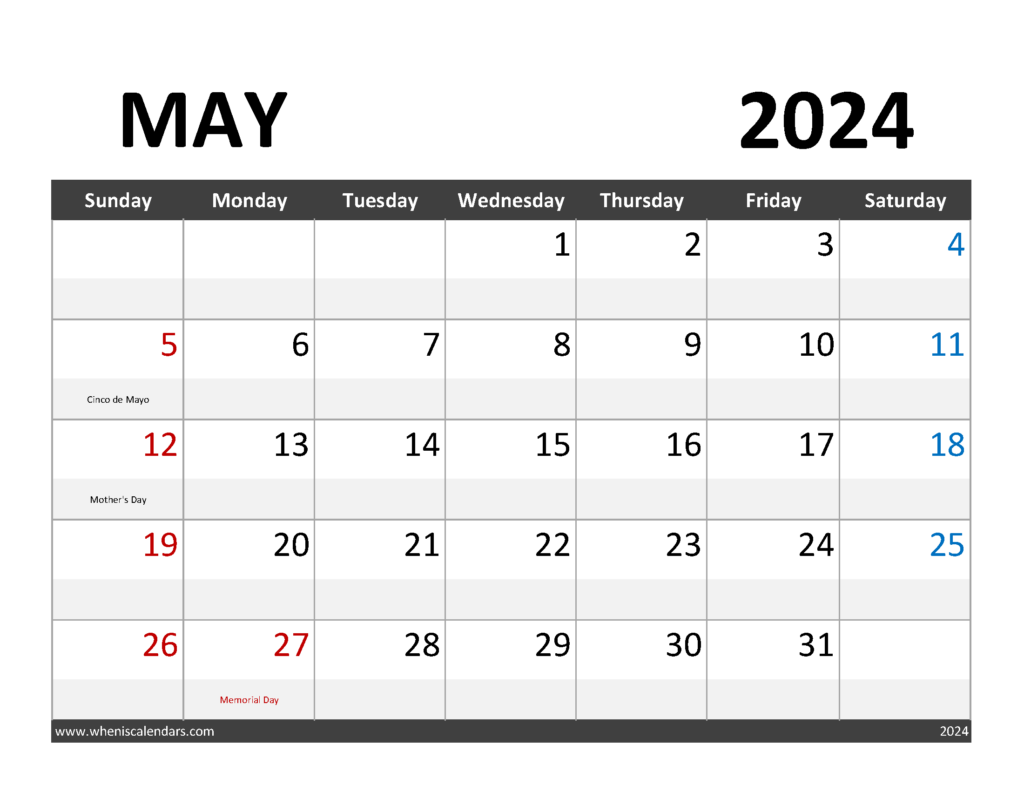 Download Blank Calendar for May 2024 Letter Horizontal 54062