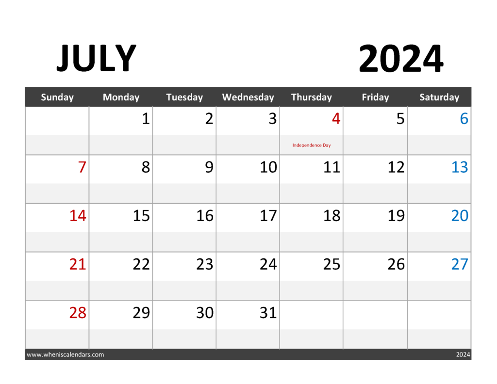Download Blank Calendar for July 2024 Letter Horizontal 74062