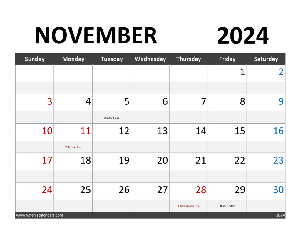 Download Blank Calendar for November 2024 Letter Horizontal 114062