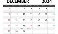 Printable Calendar December2024 D1342