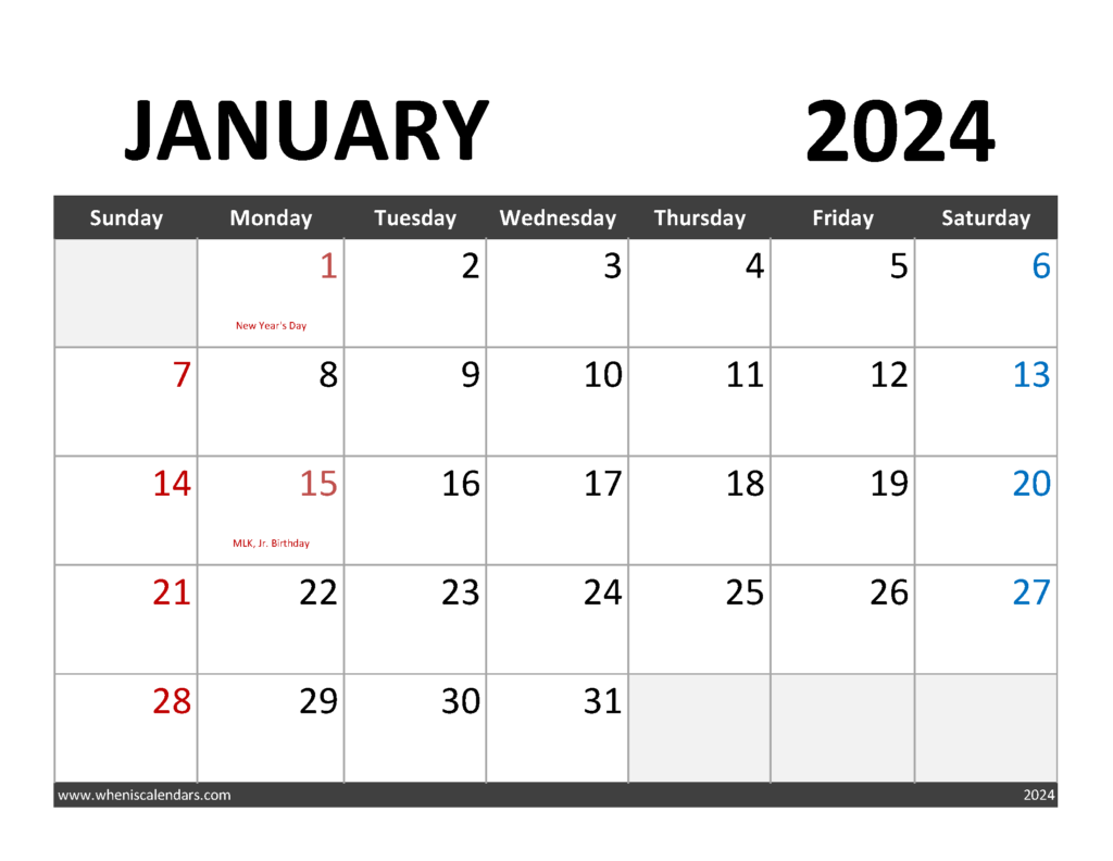 Download January 2024 Calendar to print Letter Horizontal J4063