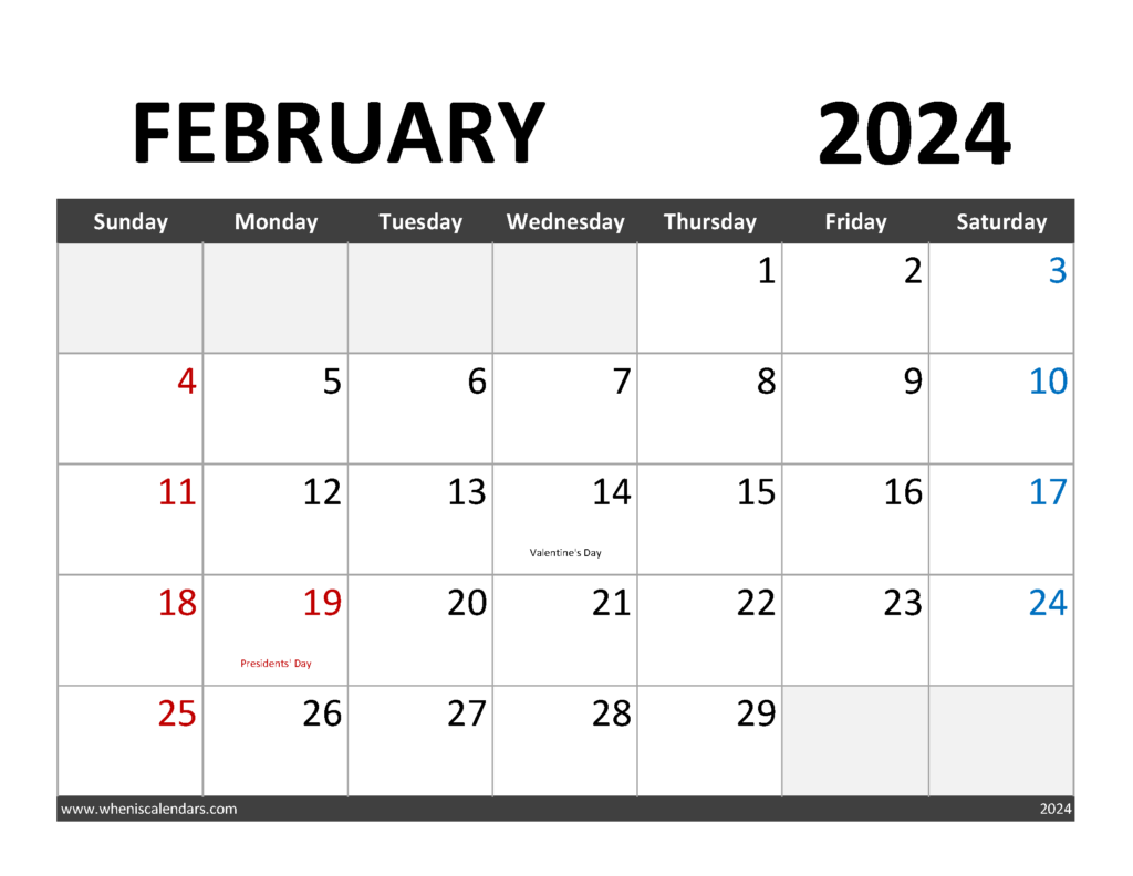 Download February 2024 Calendar to print Letter Horizontal 24063