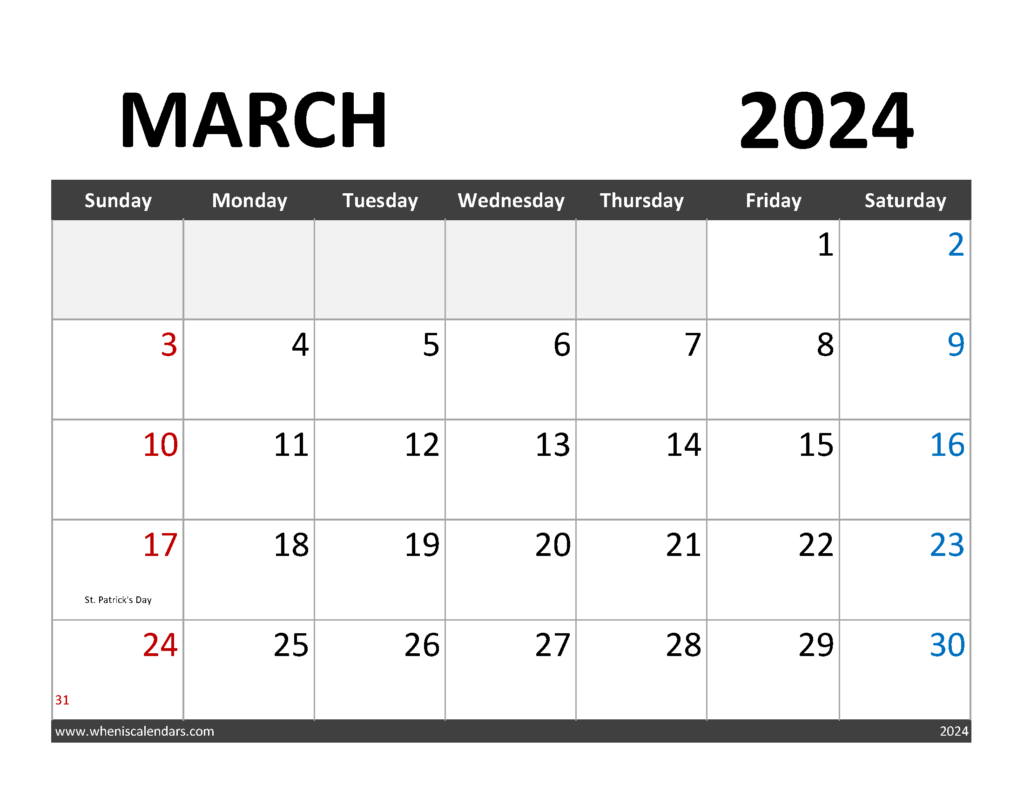Download March 2024 Calendar to print Letter Horizontal 34063