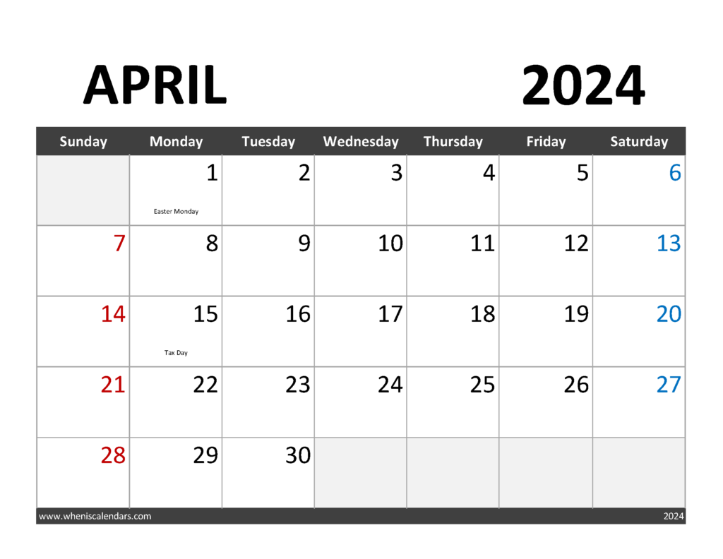 Download April 2024 Calendar to print Letter Horizontal 44063