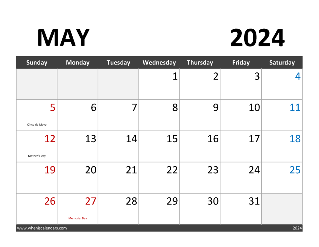 Download May 2024 Calendar to print Letter Horizontal 54063
