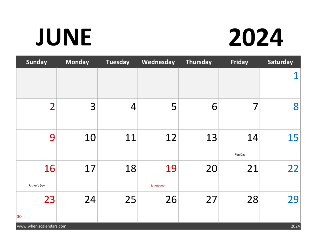 Download June 2024 Calendar to print Letter Horizontal 64063