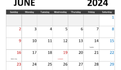 Printable June 2024 Calendar with lines J6343