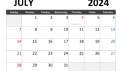 Printable July 2024 Calendar with lines J7343
